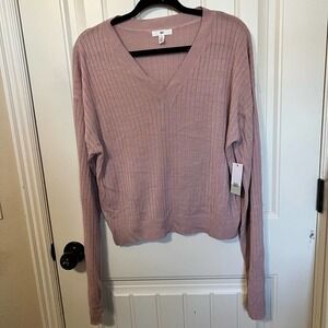 BP Women's 2X Pink Ribbed Knit V-Neck‎ Long Sleeve Cropped Pullover Sweater